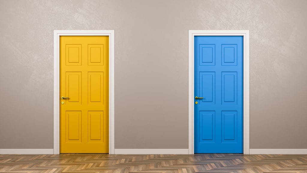 Two Closed Doors in Front in the Room Two Closed Doors with Different Color in Front in the Room 3D Illustration, Choice Concept